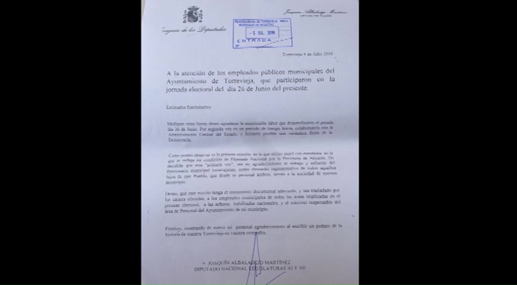 Imagen de En su primer escrito oficial como diputado, J. Albaladejo, agradece el trabajo de los funcionarios