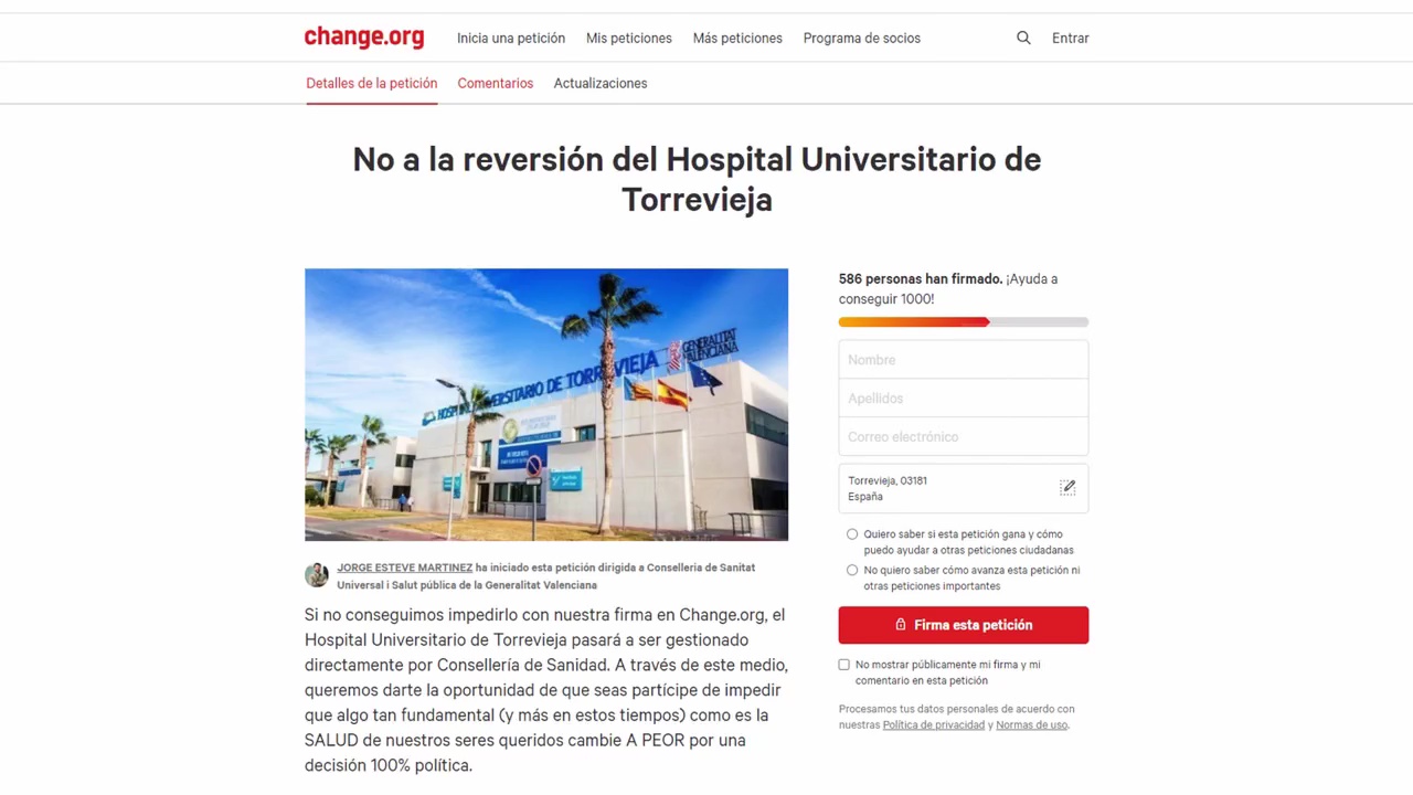 Imagen de Recogida de firmas para impedir la reversión del Hospital Universitario de Torrevieja