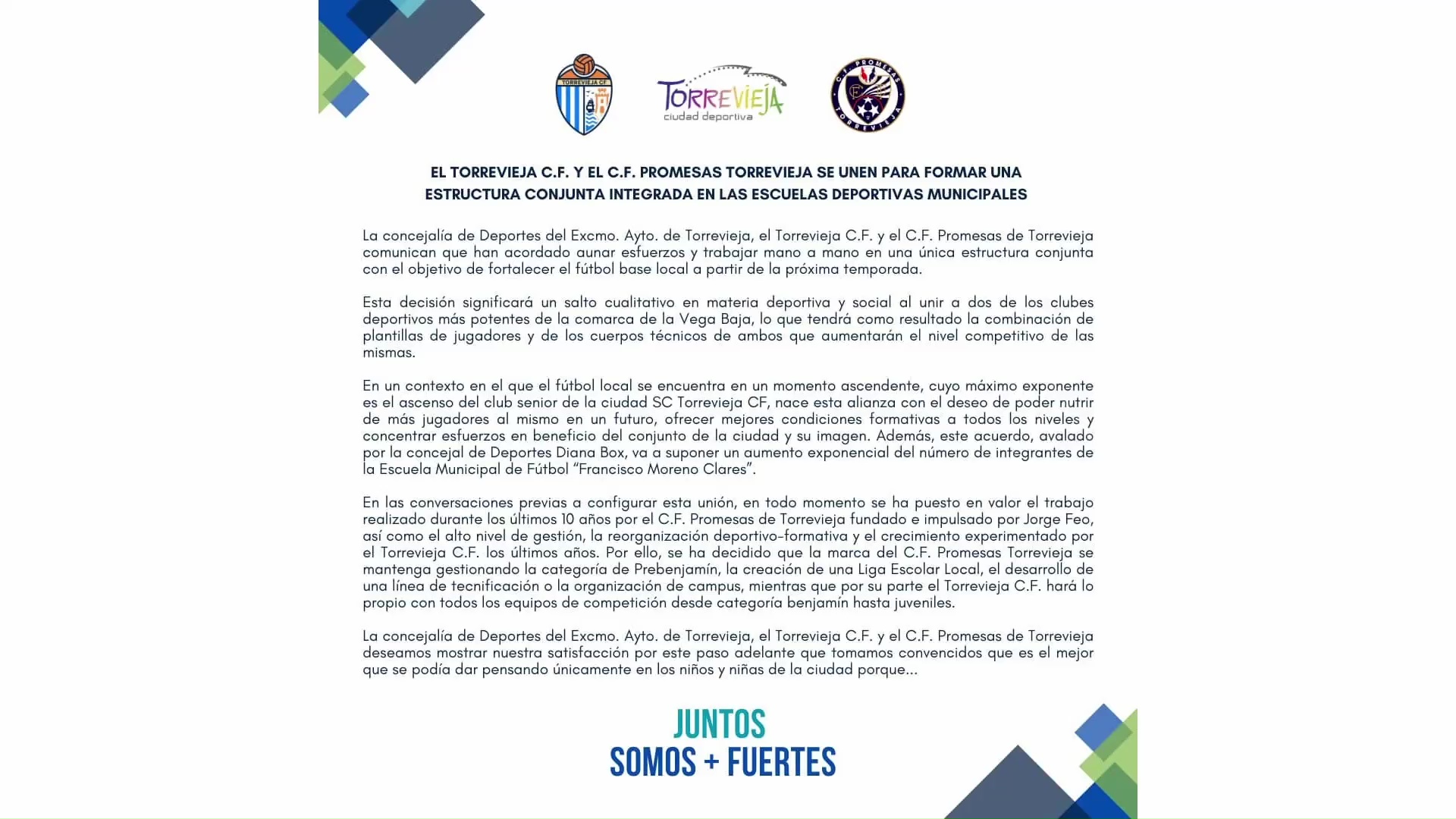 Imagen de El Torrevieja CF y el CF Promesas se unen para formar una «estructura conjunta» integrada en las Escuelas Deportivas Municipales