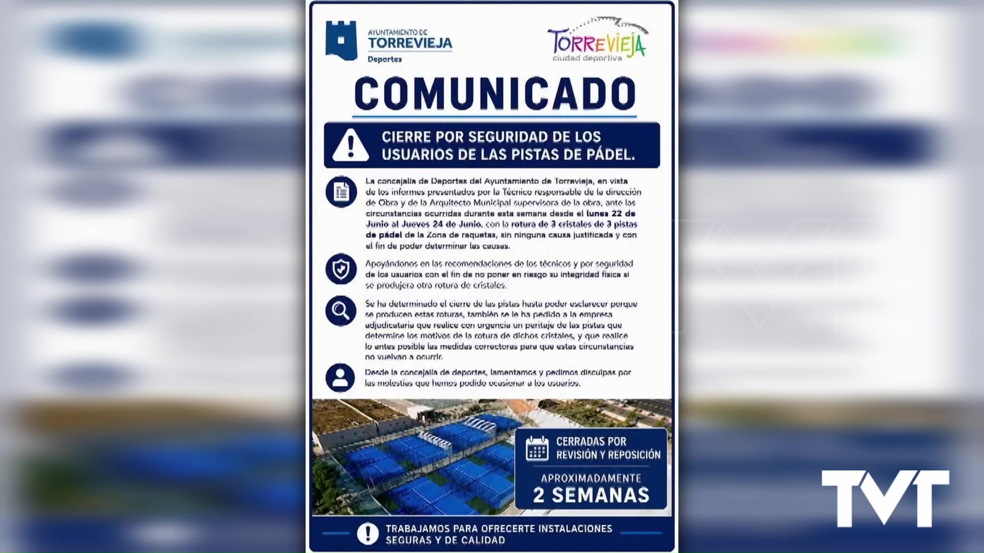 Imagen de Las pistas de pádel permanecerán cerradas durante dos semanas tras la inexplicable rotura de tres cristaleras